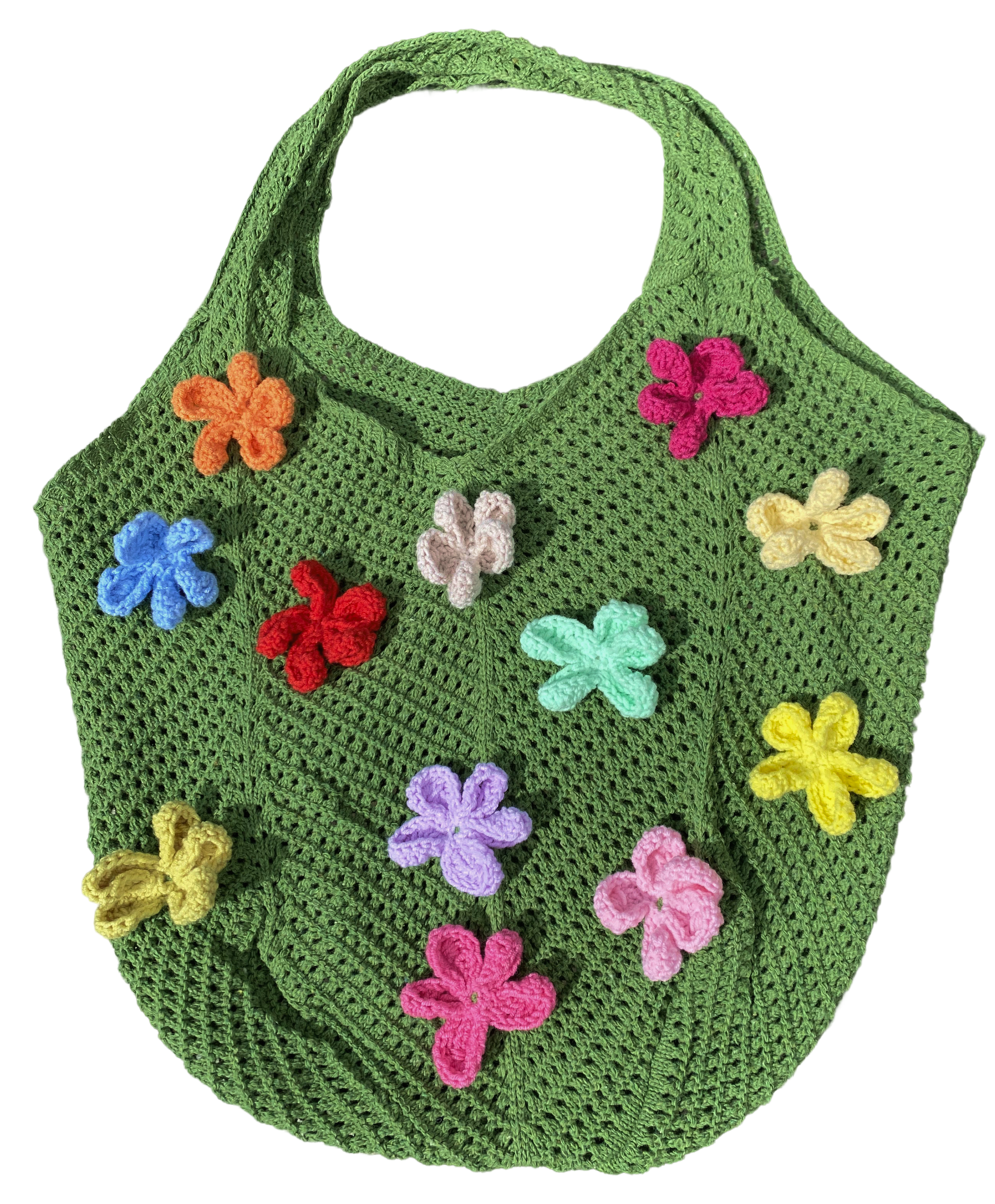 green crochet with felt flowers