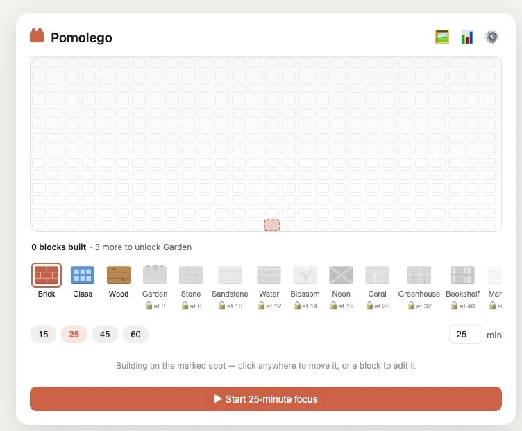 Pomolego: an empty building grid, block materials to unlock, and a Start 25-minute focus button